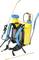 Yellow backpack sprayer with blue straps and controls, metal pipe, and spray nozzle. Used for distributing liquids.