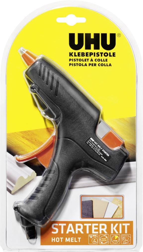 'UHU Hot Melt Glue Gun Starter Kit' on packaging. Black and orange glue gun for hot melt adhesive, suitable for various materials.