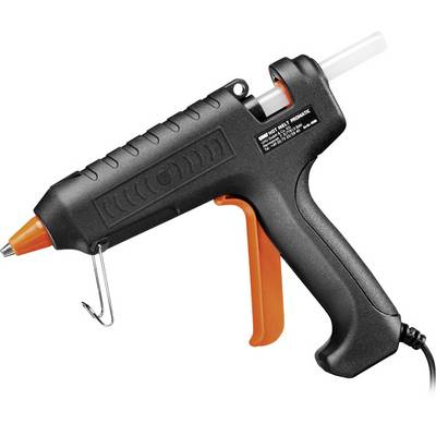 A black hot glue gun with an orange trigger and cable.