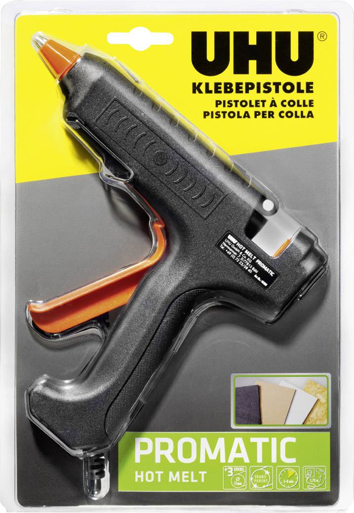 UHU Hot Glue Gun 'Promatic Hot Melt', pictured in its packaging. Suitable for various materials such as fabric and wood.