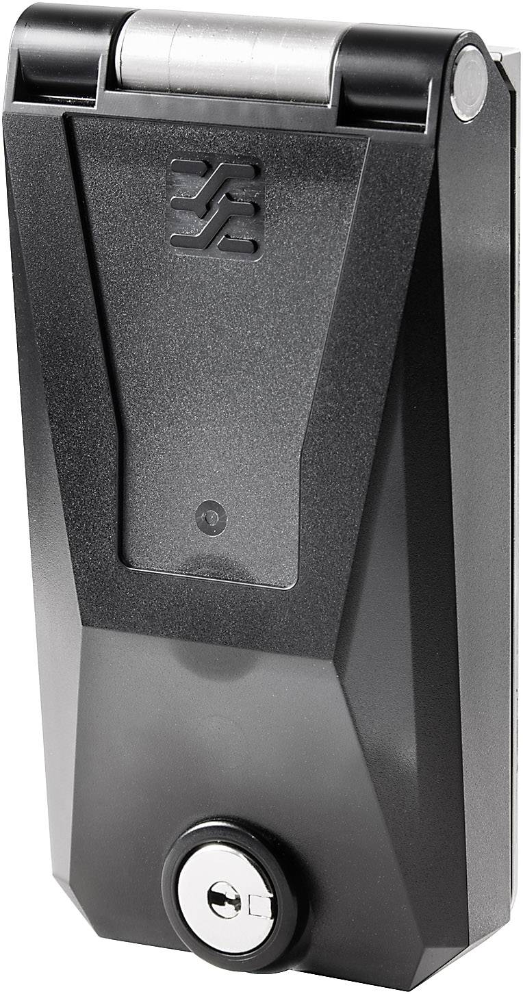 Black combination lock with rotary lock mechanism and silver cylinder. The lock features a company-specific logo and is suitable for securing doors.