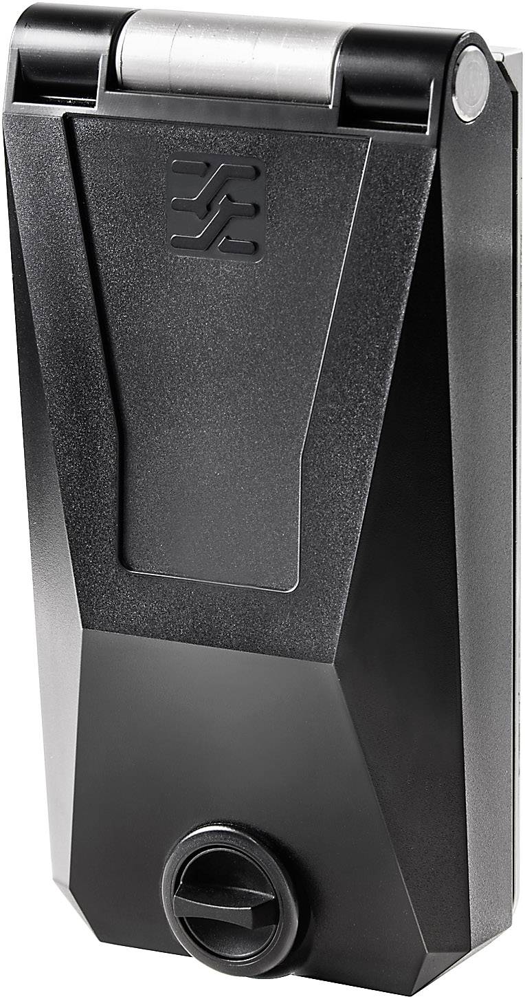 Electronic door lock in a black casing with a rotary knob on the underside.