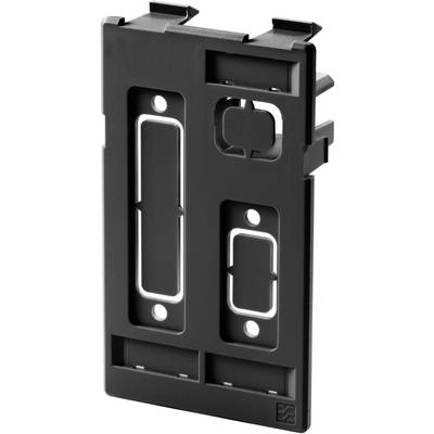 Black plastic mounting bracket with multiple rectangular and oval cutouts for securing electronic components.