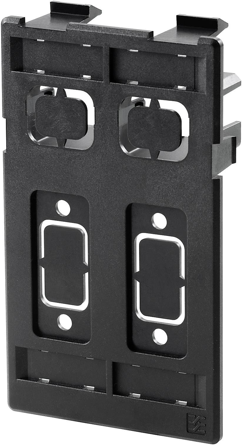 Black plastic mounting bracket for the installation of electrical connectors or similar components, with two rectangular cut-outs.