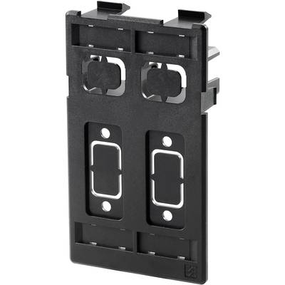 Black plastic mounting bracket for the installation of electrical connectors or similar components, with two rectangular cut-outs.
