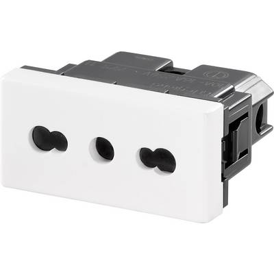 White three-socket extension block, suitable for various plug types. Square design with black inserts for added stability.