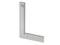 A silver metal angle measure with an engraved logo and measurement units on the vertical side. Suitable for alignment and measurement.