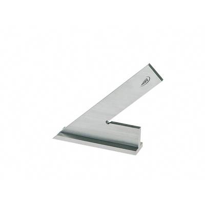 A metal component in an L-shape with a bevelled edge and an inset logo, potentially a technical or industrial element.