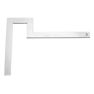 A silver set square with a right-angled design, used for precise measurement of angles and lengths in construction and craft work.