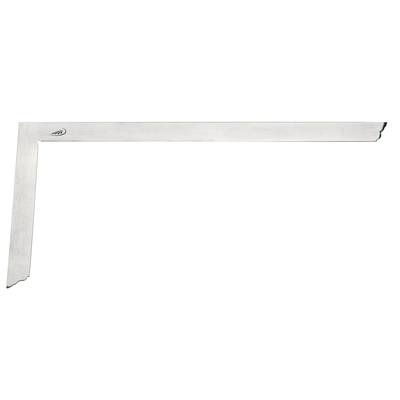 A silver set square, commonly used in woodworking and construction for measuring and checking right angles.