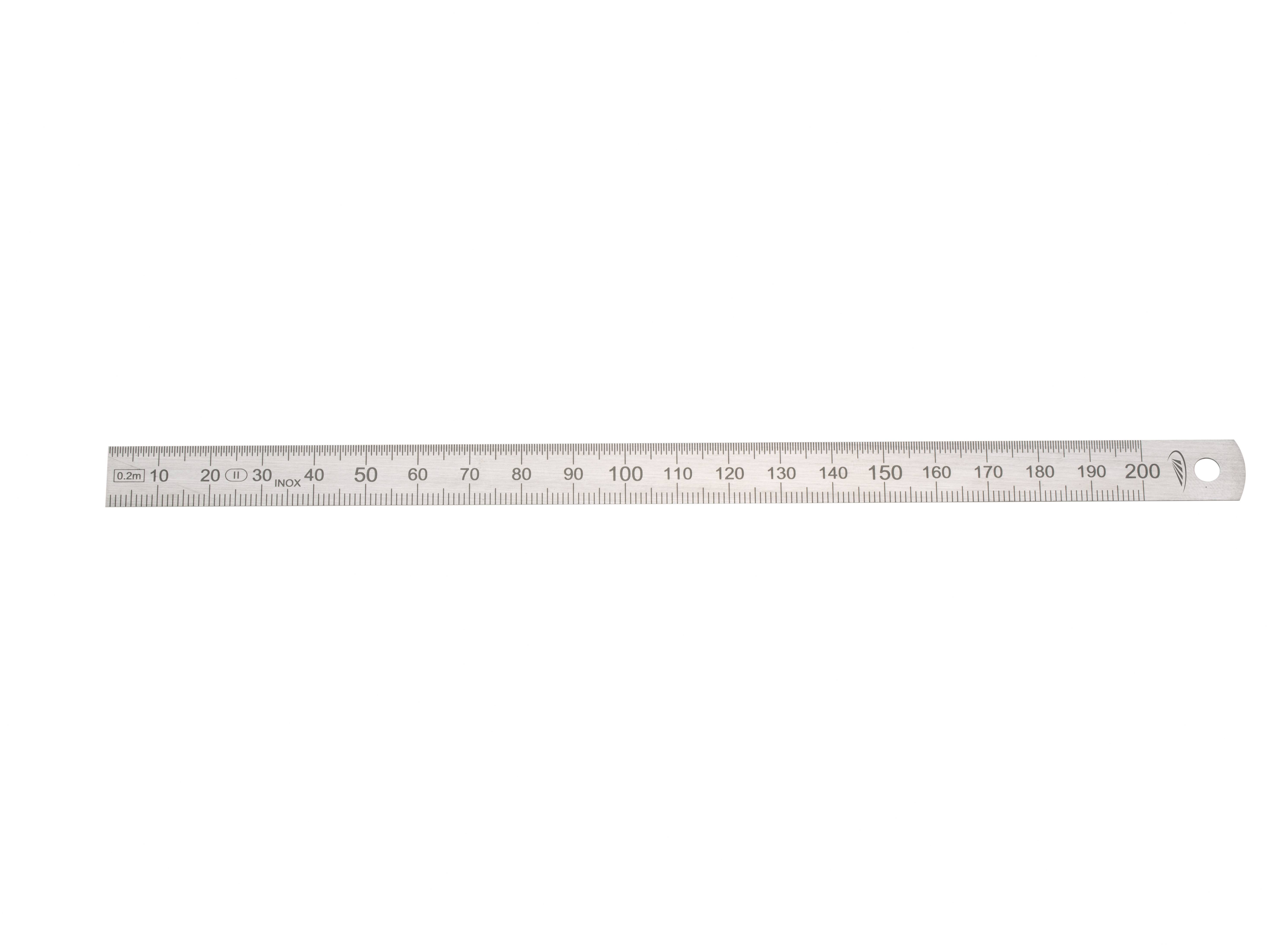 A silver metal ruler with centimetre and millimetre markings from 0 to 200.