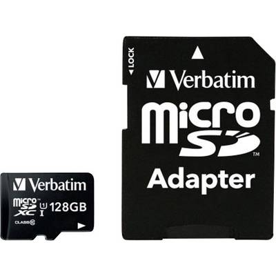 Two storage products: On the left, a black Verbatim microSD card with 128 GB; on the right, a matching adapter with 'MicroSD Adapter' printed on it.