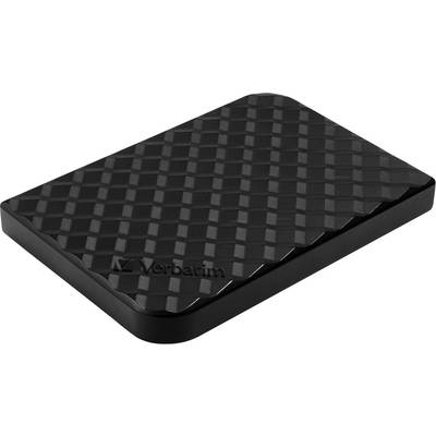 Black external hard drive with a checked pattern and 'Verbatim' logo on the front.