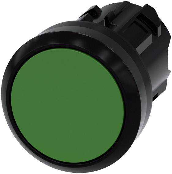 A round, green switch button in a black housing. Suitable for industrial control panels.