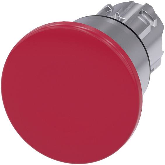 A red emergency stop button made of plastic, used for quickly shutting down machines or equipment in emergency situations.