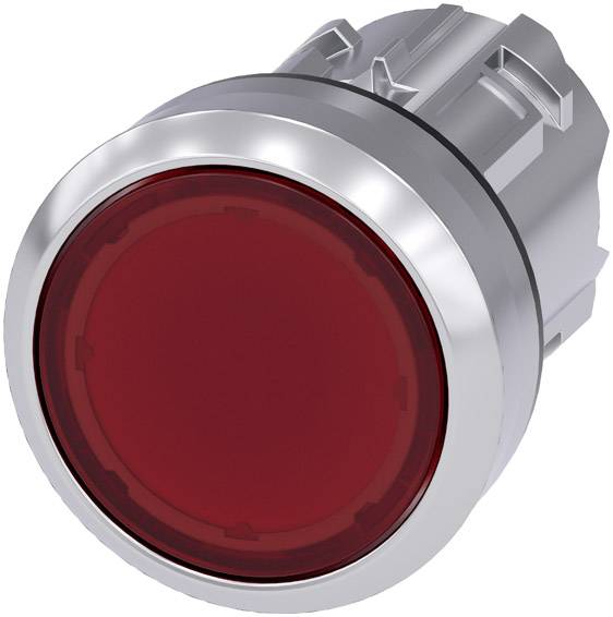 Red, round push button with a silver rim. Typical design for emergency stop switch or machine control.