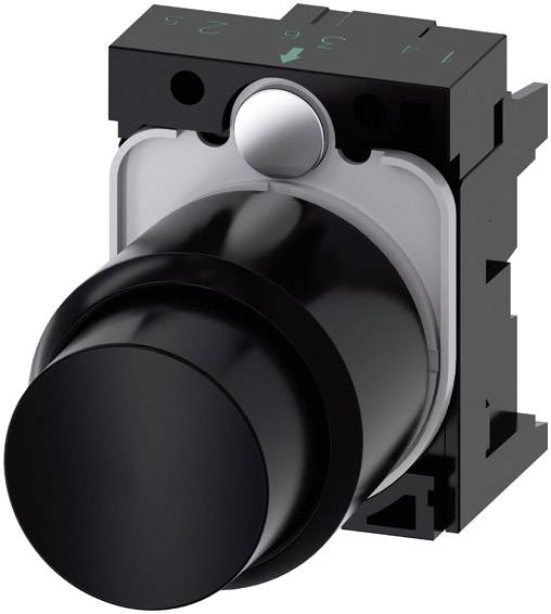 Black push button, rectangular base with silver frame. Used for control in electrical or mechanical systems.