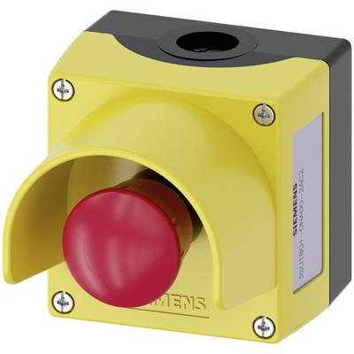 A red emergency stop button on a yellow housing, installed for rapid machine shutdown in emergency situations.