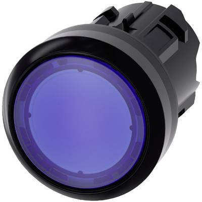 A round blue button with a black border. The button is integrated into the centre of a dark casing that emphasises its form and function.