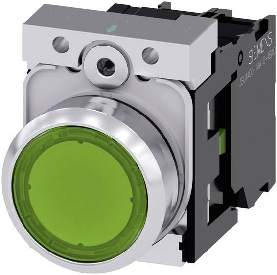 A green Siemens push button switch, suitable for industrial control devices. The button is round, silver-rimmed and glows brightly.
