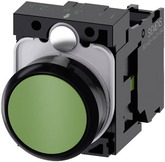 Green push button in a black housing, suitable for industrial controls. Main function: On-Off control in machinery.