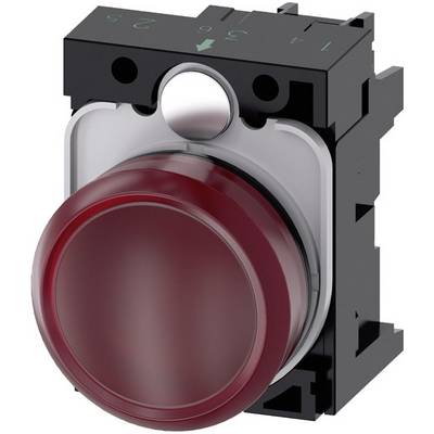 A red, round push button on a black plastic casing. The button is intended for controlling machinery.