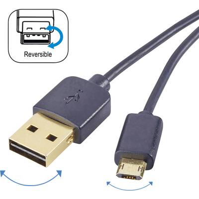 Renkforce USB cable USB 2.0 USB-A plug, USB Micro-B plug 1.00 m Black Duplex use connector, gold plated connectors RF-41