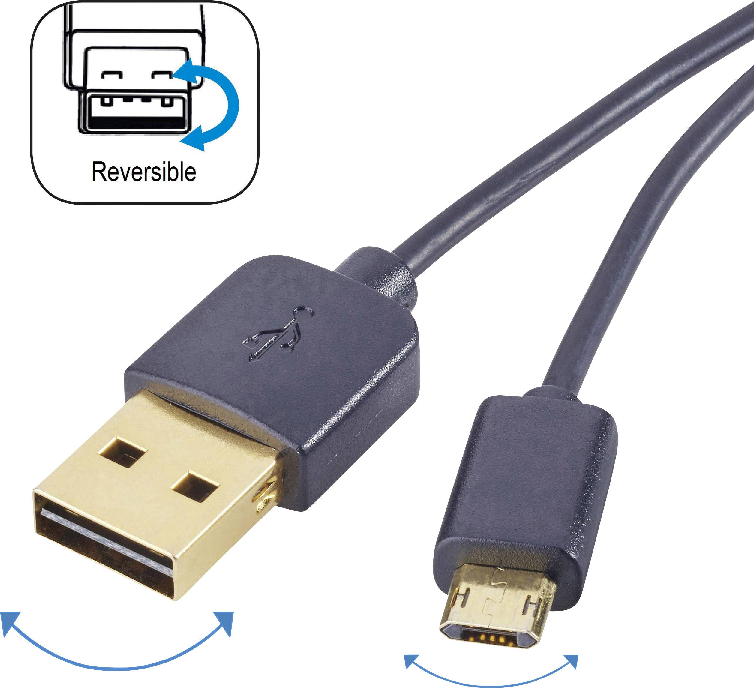 Renkforce USB cable USB 2.0 USB-A plug, USB Micro-B plug 1.00 m Black Duplex use connector, gold plated connectors RF-41