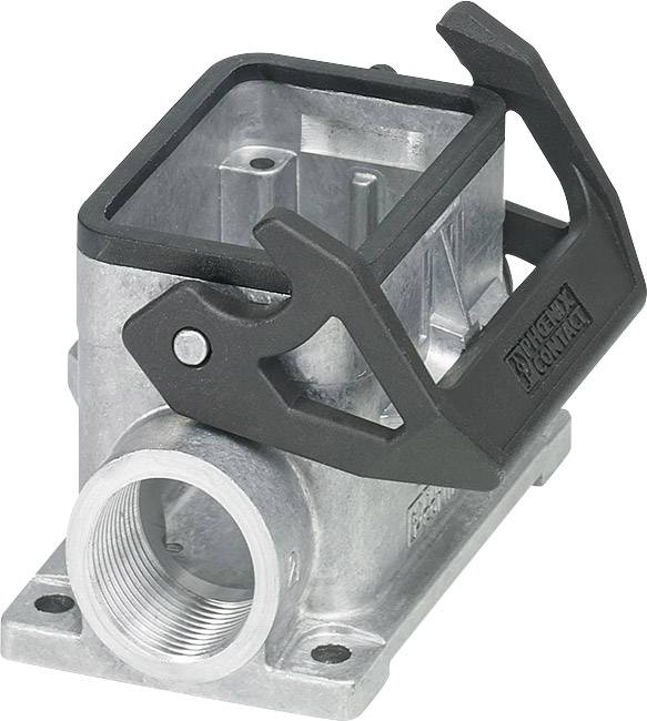 A rectangular metal housing with a side pipe connection and a black, foldable closure bracket.