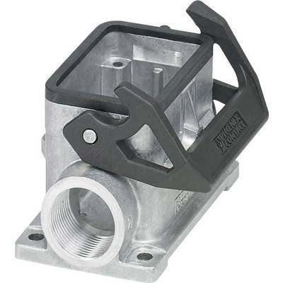 Metal industrial connector housing part with retaining clip and rectangular opening; suitable for connecting electrical components.