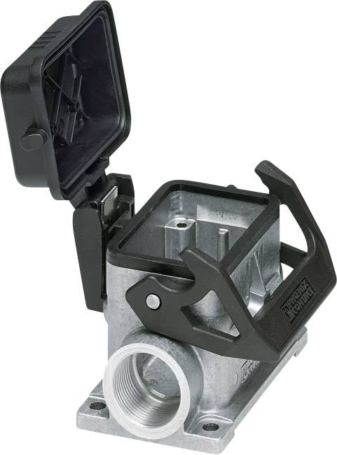 Metal enclosure for industrial connectors with hinged lid and side cable entry. Suitable for robust applications.