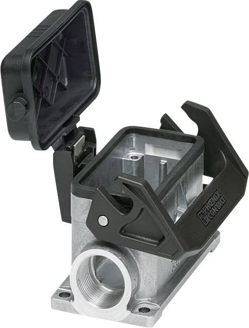 Housing with an open lid, two side levers, robust design, and mounting holes for electrical connection establishment.