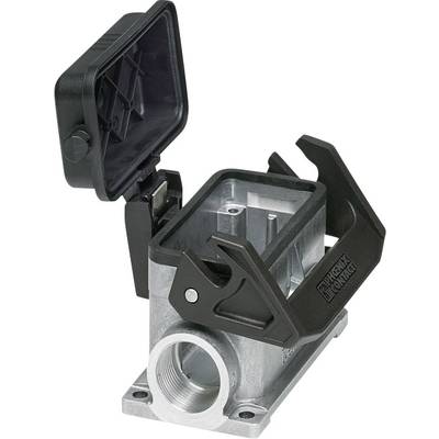 Housing with an open lid, two side levers, robust design, and mounting holes for electrical connection establishment.