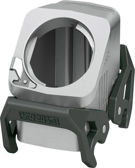 Silver-coloured metal sleeve with green plastic clips, likely a mounting bracket or adapter, with technical details on the side.