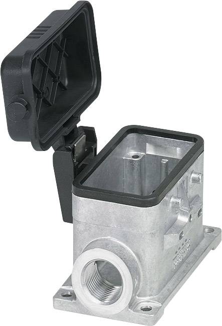 Metal enclosure for industrial electrical connectors with an open lid, showing robust design and side connection opening.