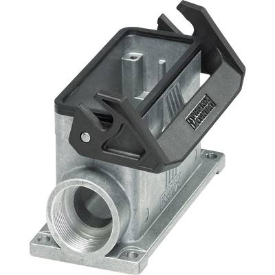 A rectangular metal enclosure with a black retaining element and multiple mounting holes, used for electrical connections.