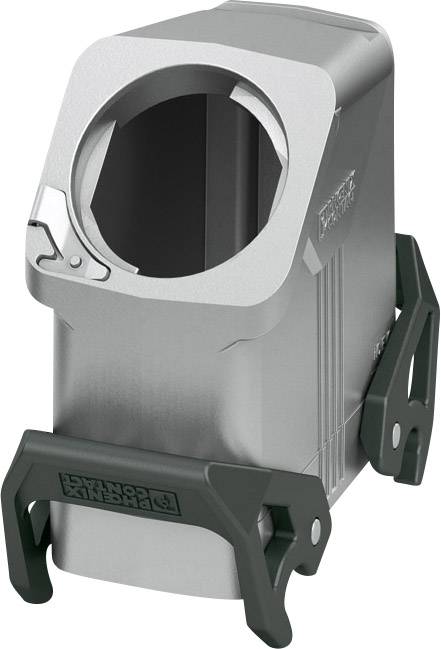 A silver, cylindrical metal enclosure with a black plastic holder. Device for securing and guiding cables in an industrial environment.