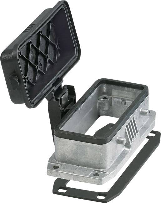 A rectangular, open metal enclosure with a black, hinged lid. Manufactured for electrical or electronic components.