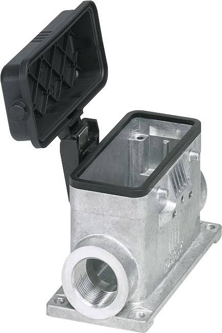 Rectangular metal enclosure with an open lid and a side opening; possibly a protective housing for electrical connections.