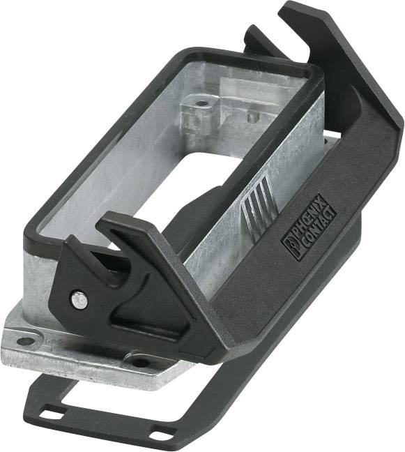 A rectangular metal connector from a product catalogue, with a black frame and a lever on the side.