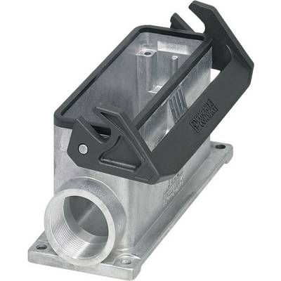 Rectangular metallic enclosure for industrial connectors, with a black locking mechanism and cable opening on the right side.
