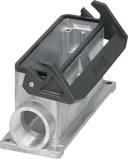 Housing of a rectangular connector with a black lever lock and a side metal threaded opening.