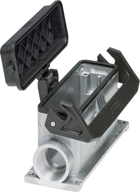 Metal enclosure with rectangular plastic cover, used for industrial connections. Hinges allow easy opening.