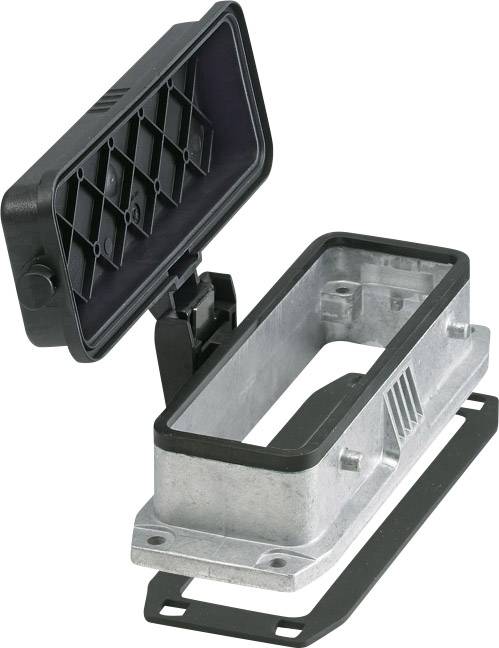 A rectangular enclosure with a hinged lid made of metal and plastic, suitable for industrial applications.