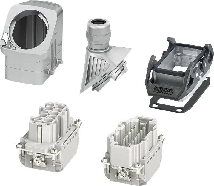 Five components of an industrial connector: housing, struts, fastening, and two plug modules, suitable for robust applications.