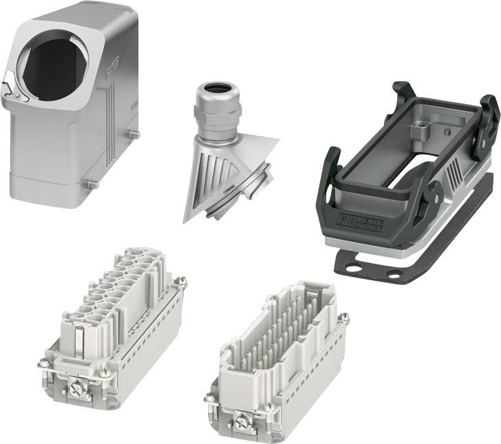 Five different industrial connector components in an arrangement. They are made of metal and plastic parts.