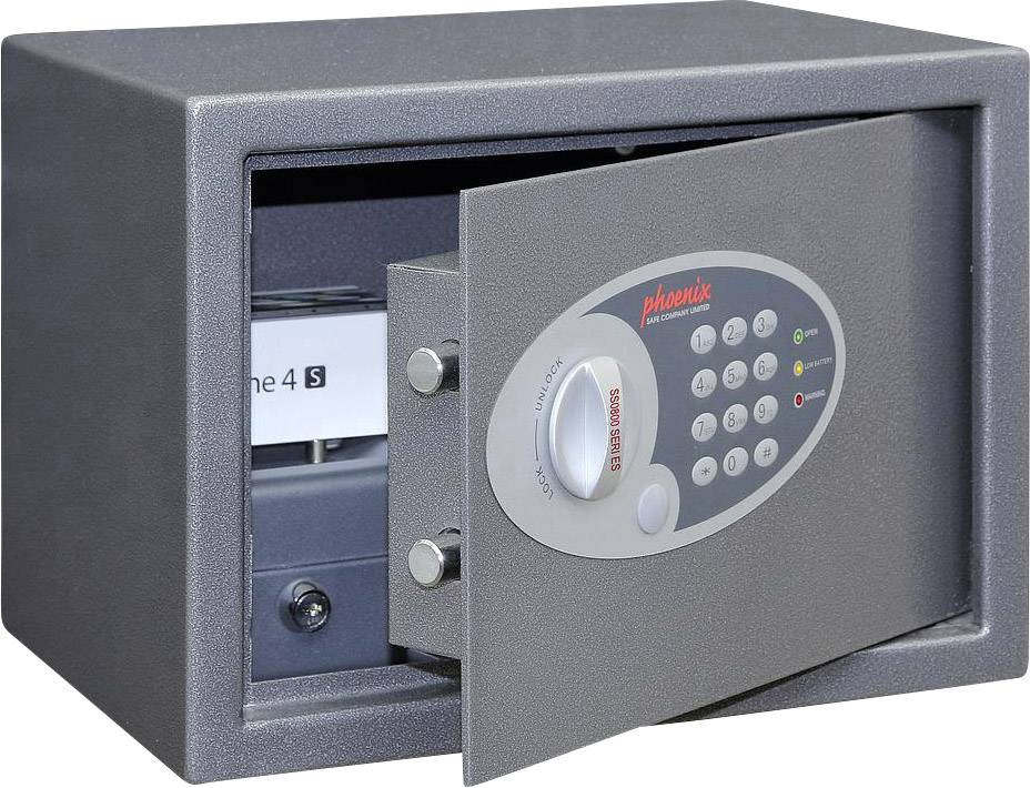 An open safe with an electronic combination lock. Inside is a folder.