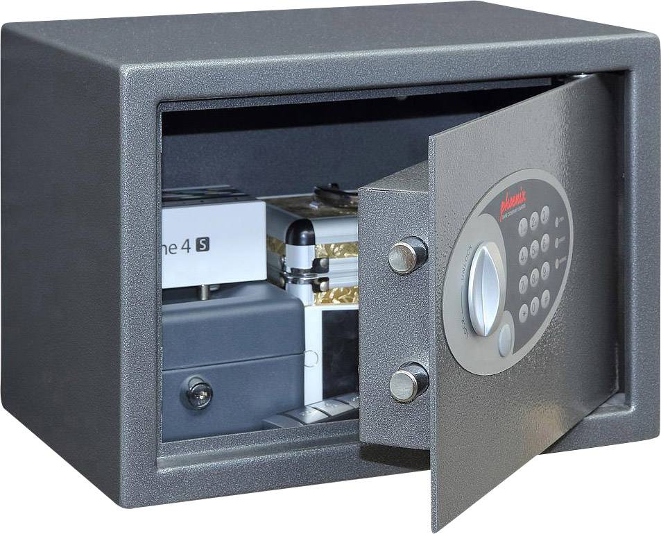 An open safe containing an iPhone, several watches and pieces of jewellery.<br><br>Note: I translated the text to British English, using "jewellery" instead of the American spelling "jewelry", and maintaining the original meaning and structure.