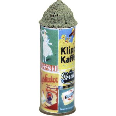 A tin with vintage advertising, including 'Cliff Coffee' and various food advertisements, crowned with a cork lid.
