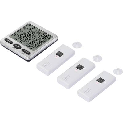 Digital Thermo-Hygrometer with Three Wireless Sensors. Shows Temperature and Humidity for Indoor and Outdoor Areas.